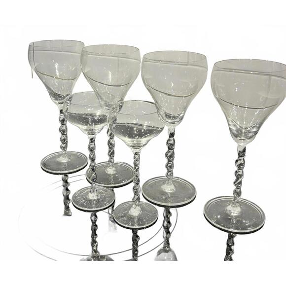 Vintage Handblown Twisted Stem Crystal Wine & Coupe Glasses Bohemia European 6pc - Picture 2 of 7
